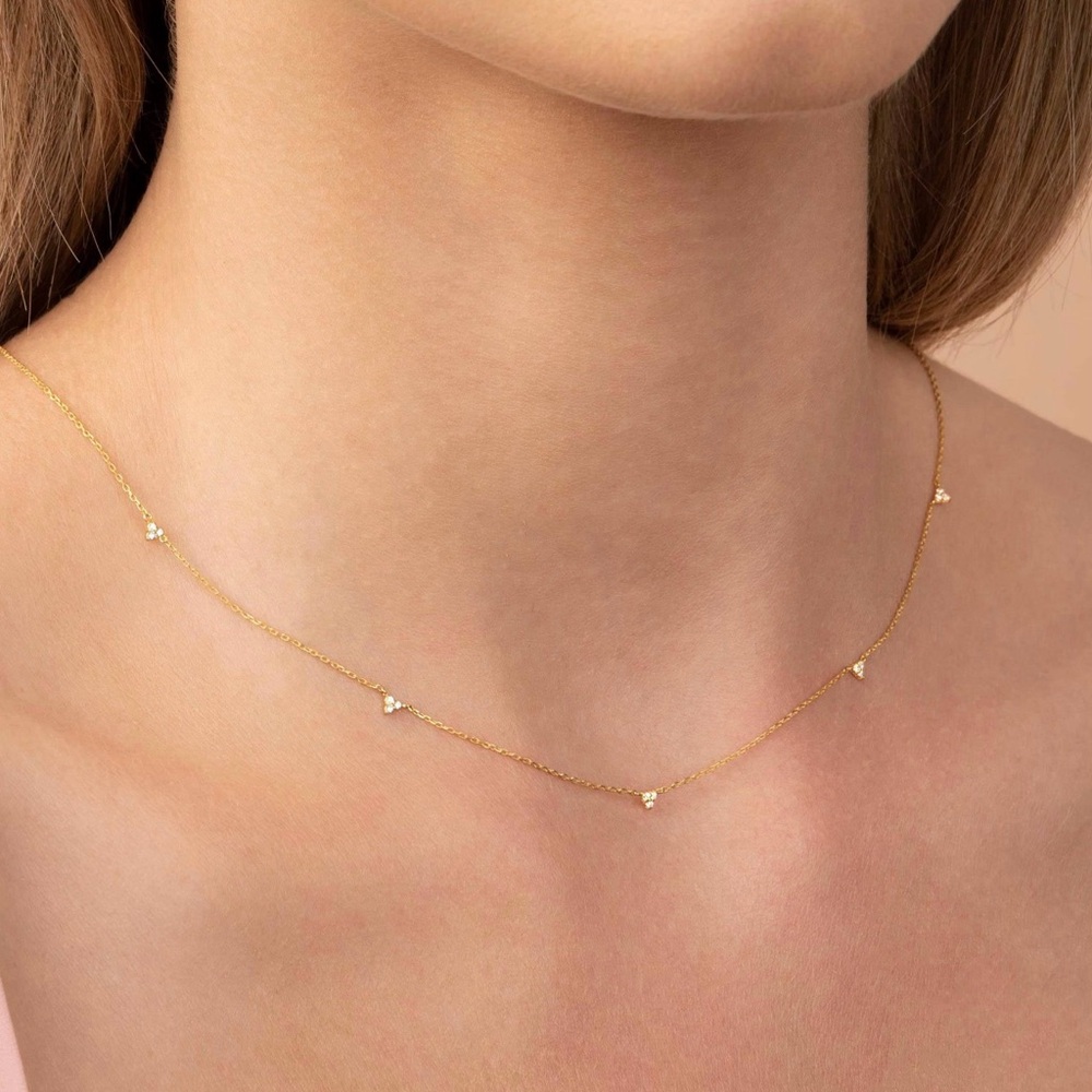14k Rose Gold Trio Diamond Station Necklace - Picture 2 of 3
